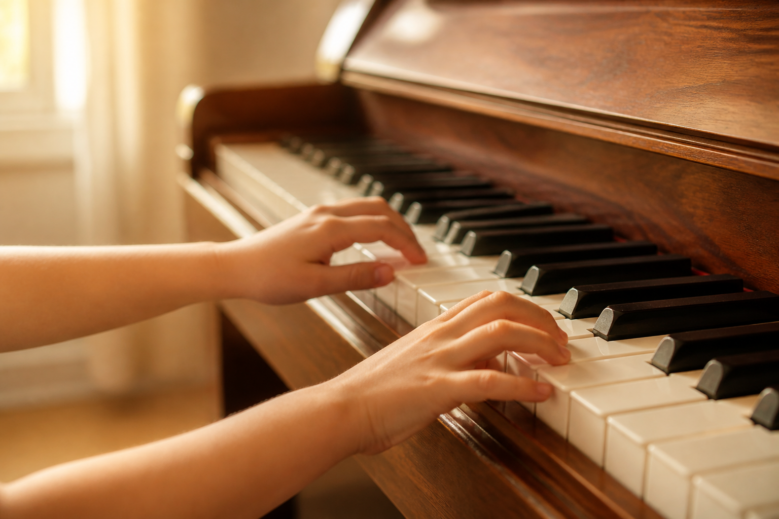 A teacher guiding a young student's hands at the piano